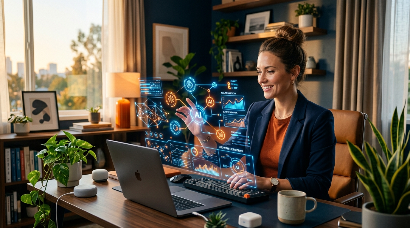 Mejores negocios para emprender online en 2026 Joven emprendedor trabajando en ideas de negocios digitales y automatización con IA